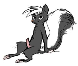 anthro claws cute_fangs disney erection fan_character fuel_(artist) half-closed_eyes head_tuft hugh_muskroura male male_only mammal mephitid nude penis simple_background sitting skunk smile striped_skunk white_background zootopia