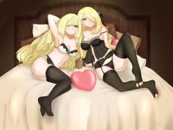2girls aether_foundation artist_request blonde_hair bra creatures_(company) cynthia_(pokemon) duo female game_freak green_eyes heart_pillow lingerie looking_at_viewer lusamine_(pokemon) milf nintendo on_bed panties pokemon pokemon_dppt pokemon_sm revealing_clothes stockings take_your_pick yellow_eyes