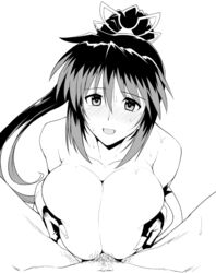 1boy bangs big_breasts black_gloves breast_squeeze breasts collarbone deep_skin endless_frontier eyebrows_visible_through_hair female fingerless_gloves gloves hair_between_eyes hair_ornament halcon harukon_(halcon) heart heart-shaped_pupils huge_breasts large_breasts long_hair looking_at_viewer male_pubic_hair monochrome multicolored_hair nanbu_kaguya nude open_mouth paizuri ponytail pubic_hair simple_background solo_focus spread_legs straight super_robot_wars super_robot_wars_og_saga_mugen_no_frontier sweat symbol-shaped_pupils topless two-tone_hair upper_body very_long_hair white_background