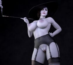 1girls 3d alcina_dimitrescu breasts cigarette_holder daz_studio female female_only garter_belt large_breasts nude nude_female pale-skinned_female pale_skin planetex pussy resident_evil resident_evil_8:_village shaved_pussy solo viewed_from_below