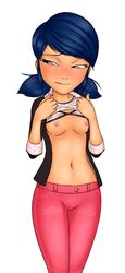 1girls area_(artist) biting_lip blue_hair embarrassed female female_only jeans looking_away marinette_cheng marinette_dupain-cheng miraculous_ladybug navel nude pink_pants shirt_lift solo solo_focus tagme