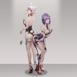 2girls ass au_ra blue_eyes butt_squish final_fantasy final_fantasy_xiv green_eyes high_heels l'cielle_lhas(ci) large_breasts lingerie miqo'te money pink_hair sin_faye stripper tie white_hair xaela