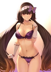 1girls black_hair bra breasts cleavage fate/grand_order fate_(series) female female_only lingerie long_hair looking_at_viewer mashu_003 midriff osakabe-hime_(fate) panties purple_bra purple_lingerie purple_panties red_eyes solo thong underwear