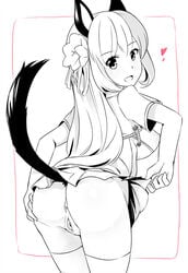 1girls akihara_nakuru animal_ears anus big_breasts blush breasts catgirl clitoris eyebrows_visible_through_hair female female_only hair_ornament heart long_hair looking_at_viewer looking_back monochrome nipples open_mouth pussy sideboob simple_background smile solo tail thighhighs uncensored