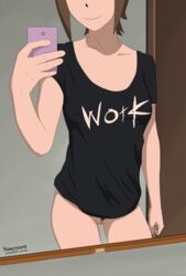 1girls bottomless breasts brown_hair clothes_writing clothing collarbone cowboy_shot digimon female female_only female_pubic_hair highres hikari_yagami human mirror_selfie naked_shirt nascreant nipple_bulge pubic_hair pussy selfie small_breasts smartphone smile solo t-shirt uncensored