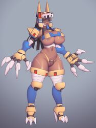 1girls anubis_necromancess areola_slip armor big_breasts breasts capcom cleavage crotchless crotchless_panties dark-skinned_female dark_skin female female_only high_heel_boots high_heels humanized kruth666 large_breasts mega_man mega_man_zero navel one_eye_closed pussy rule_63 scar scars simple_background solo video_games