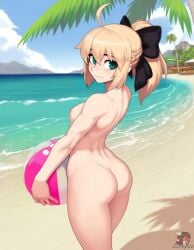 ai_generated artoria_pendragon ass beach beach_background beach_ball blonde_hair completely_nude fate/grand_order fate/stay_night fate_(series) female gluteal_fold green_eyes hair_ribbon holding_beachball holding_object looking_back looking_over_shoulder nipples perky_ass perky_butt saber_lily small_breasts solo zorkpics
