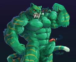 2019 abs absurd_res anthro battle_cat biceps duo felid fur green_fur hi_res humanoid_penis male male_only mammal masters_of_the_universe muscular muscular_male nude pantherine pecs penis solo_focus waddledox