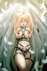 1girls afterlaughs angel_wings armpits arms_up blonde_hair bondage bondage_outfit breasts closed_eyes female female_only fit_female garters goth harness healslut light-skinned_female medium_breasts mercy navel o-ring overwatch pasties pentagram pentagram_harness slim_waist solo solo_female wings