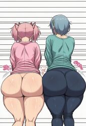 2girls ai_generated ass ass_chart chart comparing fat_ass female female_only huge_ass kaname_madoka madoka_kaname mahou_shoujo_madoka_magica miki_sayaka mole_on_ass multiple_girls puella_magi_madoka_magica shiny_skin sweat