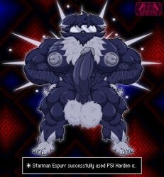 abs abstract_background absurd_res annaengine anthro arm_hair arm_tuft balls barazoku barefoot biceps big_balls big_muscles big_pecs big_penis blue_body blue_fur blue_penis body_hair butt_hair cheek_tuft chest_hair chest_tattoo chest_tuft claws clothed clothing crossover digital_drawing_(artwork) digital_media_(artwork) ear_markings earthbound_(series) english_text erection espurr eyewear facial_tuft fan_character feet felid feline fluffy fluffy_balls fluffy_chest foreskin front_view fur fur_markings fusion generation_6_pokemon genitals glasses glowing glowing_body grey_nipples hair hands_on_hips happy_trail head_tuft hi_res huge_muscles huge_pecs humanoid_genitalia humanoid_penis ineffective_clothing leg_tuft male mammal markings multicolored_body multicolored_fur muscular muscular_anthro muscular_arms muscular_legs muscular_male muscular_thighs nintendo nipples nude pecs penis pokemon pokemon_(species) pose psychic psychic_energy psychic_powers pubes saggy_balls serious shoulder_tuft solo spread_legs spreading standing starman sunglasses tattoo text text_box toe_claws tuft two_tone_body two_tone_fur visor white_body white_body_hair white_fur white_hair white_pubes