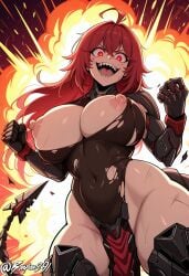 ai_generated battle_damage big_breasts bonfen291 breasts dynamic_pose excited explosion_background female glowing_eyes goddess_of_victory:_nikke huge_nipples leotard looking_at_viewer mechanical_arms mechanical_legs mechanical_tail nihilister_(nikke) open_mouth pelvic_curtain red_eyes red_hair scratches self_upload sharp_teeth shift_up shouting solo standing thick_thighs torn_clothes torn_leotard w_arms wide_eyed