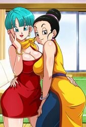 2girls ass bangs big_ass big_breasts big_butt bimbo black_eyes black_hair blue_eyes blue_hair blunt_bangs breasts bulma_briefs busty butt caressing chichi cleavage closed_mouth curvaceous curvy curvy_figure dragon_ball dragon_ball_super dragon_ball_z earrings eye_contact eyebrows_visible_through_hair feet_out_of_frame female female_only fully_clothed hand_on_hip hi_res high_resolution highres hourglass_figure huge_breasts indoors large_breasts light-skinned_female light_skin looking_at_viewer milf no_bra open_mouth open_smile red_lipstick sano-br short_hair shounen_jump smile thin_waist tied_hair tongue wide_eyed wide_hips yuri