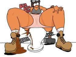 bangs boots bottomless_female bowldechet female goggles mechanic pubic_hair scat sledgehammer socks_and_boots surprised toilet toilet_use