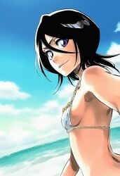 1girls accurate_art_style accurate_body_type ai_generated armpits beach bikini black_hair bleach blue_sky breasts closed_mouth cloud digital_media female female_focus female_only hair_between_eyes highres jewelry kuchiki_rukia light-skinned_female light_skin looking_at_viewer looking_back manga_style necklace ocean outdoors purple_eyes reaching_out shiny_hair shiny_skin short_hair sideboob sky small_breasts smile solo solo_female solo_focus standing swimsuit tite_kubo_style upper_body water white_bikini ㅇㅇ