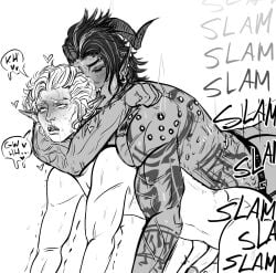1boy 1boy1girl 1girls anal_sex astarion baldur's_gate_3 bottom choke_hold choking choking_while_penetrating dark-skinned_female dark_skin doggy_style dominant_female drooling ear_ring elf_male english_text erection eyes_rolling_back female femdom from_behind from_behind_position heart hearts horns karlach light-skinned_male light_skin long_ears male male_ahegao monochrome muscular muscular_female pegging piercing piercings planetcoma rolling_eyes rough_sex scars sketch straight strangling strap-on strapon submissive_male sweat tattoos tears thrusting tiefling uncolored
