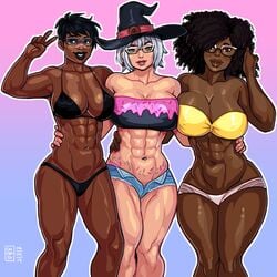 3girls abs bare_shoulders bikini black_hair breasts brown_hair busty chocolate_and_vanilla cleavage curanto curly_hair dark-skinned_female dark_skin donut_witch_(7starsoul) female female_only foolymagooly glasses hat large_breasts looking_at_viewer melanie_hazelton milf muscles muscular_female musica_maxwell_(7starsoul) navel navel_piercing short_hair silver_hair smile tattoo thong toned white_hair witch witch_hat