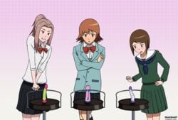 3girls brown_eyes brown_hair clothing digimon digimon_adventure_tri. dildo dildo_chair female female_only hikari_yagami human long_hair mimi_tachikawa multiple_girls nascreant skirt sora_takenouchi uncensored