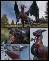 3d_(artwork) absurd_res almost_fully_inside animal_genitalia anthro anthro_prey balls beckoning bodily_fluids breath bunsen canid canine canis claws comic digital_media_(artwork) domestic_dog dragon duo english_text european_mythology feral feral_pred fully_inside fur genitals gesture grass hi_res horn husky larger_male larger_pred male male/male male_pred male_prey mammal mythological_creature mythological_scalie mythology narrowed_eyes neck_bulge nordic_sled_dog open_mouth oral_vore outside paws plant rogue621 roguehusky saliva scalie sheath signature size_difference smile sound_effects spitz swallowing tail teeth text tongue tongue_out vore western_dragon wings