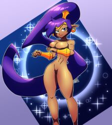 1girls big_breasts blue_eyes breasts cleavage dark-skinned_female dark_skin earrings female female_only hair kaijusundae large_breasts nude pointy_ears ponytail purple_hair pussy shantae shantae_(character) smooth_skin solo