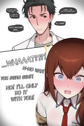steins;gate makise_kurisu coiefen snowbunny netorase ai_generated ai_assisted ai ai-created ai_art okabe_rintarou dialogue text text_bubble jacket jacket_partially_removed jacket_off_shoulders red_necktie necktie labcoat t-shirt blush blushing sweat hair hair_between_eyes eyes eyes_open open_eyes open_mouth mouth_open mouth_closed closed_mouth teeth teeth_visible tongue white_background white_skin white_body light_skin light-skinned_female light-skinned_male light_body 1girls 1girl 1boy1girl 1boy caption story story_in_picture