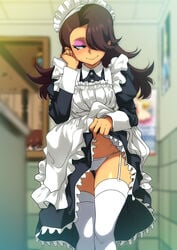 1girls age_difference aged_up apron background_character blue_eyes blurry_background blush breasts brown_hair cameltoe dress_lift eyeshadow female female_focus female_only frills garter_belt garter_straps hair_over_one_eye jcm2 looking_away lynn_loud maid maid_dress maid_headdress maid_uniform medium_hair nickelodeon panties purple_eyeshadow showing_panties smile solo solo_female solo_focus stockings sweat tan-skinned_female tan_skin taylor_(the_loud_house) teenager the_loud_house thighhighs watching white_legwear white_panties white_thighhighs