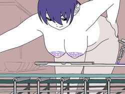 1girls animated bowl breast_press conveyor_belt cup curvy funny hand_on_hip hanging_breasts humor leaning_forward meow25meow mp4 no_sound nude paint pattern purple_hair smile solo video white_skin