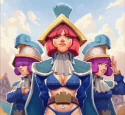 2d 2d_(artwork) 3girls arena belt belt_buckle bikini clash_(series) clash_royale clothed clouds covered_eyes crossed_arms crown cursor edited_art edited_official_artwork edited_screencap elixir female female_focus female_only fully_clothed half_naked headgear headwear house houses light-skinned_female light_skin loading_screen looking_at_viewer magenta_hair mouse musket musketeer_(clash_royale) no_visible_eyes outdoors pink_hair purple_hair salute saluting short_hair sky supercell supercell_(company) text three_musketeers_(clash_royale) town trio unknown unknown_artist village watermark