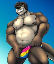 almost anthro ben_(pandottermon) biceps blue_background blue_eyes brown_body brown_fur brown_hair bulge clothing colored eyebrows fur hair hi_res lgbt_pride male mammal membrane_(anatomy) musclegut muscular muscular_male mustelid navel nipples otter otter_tail pandottermon pansexual_pride_colors pecs pride_colors simple_background smile solo speedo standing swimwear teeth webbed_hands whiskers