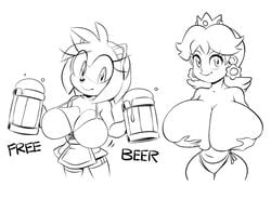 2girls alcohol amy_rose beer beer_mug black_and_white crossover female female_only furry garter_straps large_breasts mario_(series) monochrome multiple_girls nintendo princess_daisy sega sonic_(series) squidapple string_panties thighhighs