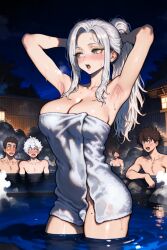 1female 1girls 2025 ai_assisted ai_generated armpits arms_up background big_breasts bloodborne blush blushing_female breasts cleavage exhibitionism female female_focus fromsoftware green_eyes group inminent_sex lady_maria_of_the_astral_clocktower large_breasts light-skinned_female light_skin long_hair male mixed_bathing mole multiple_boys multiple_males naked naked_female naked_male naked_towel nipples no_bra no_panties nude nude_female nude_male onsen open_mouth outdoors ponytail pose posing public_exposure public_indecency shy smile smiling sweat towel uncensored video_game video_game_character video_game_franchise video_games white_hair