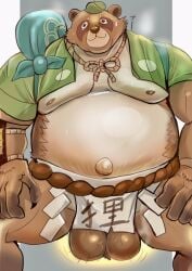 2025 anthro asian_clothing balls belly big_balls big_belly blizzard_entertainment brown_body canid canine clothing dusk60000 east_asian_clothing fundoshi genitals hi_res humanoid_hands japanese_clothing kemono leaf male mammal moobs nipples overwatch overweight overweight_male raccoon_dog roadhog_(overwatch) solo tanuki underwear