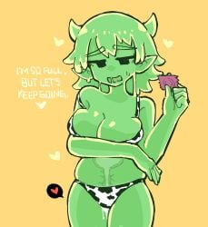 1girls 2d after_sex after_vaginal big_breasts black_eyes breasts condom cow_print_bikini cum cum_inside female female_only front_view heart horns leaking_cum looking_at_viewer lunatheri open_mouth partially_clothed presenting ranna_(lunatheri) see-through slime slime_girl smile solid_color_background solo solo_female standing sweat text thick_thighs translucent_body yellow_background