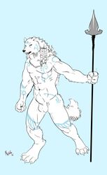 1boy anthro canine furry male male_only mammal negger polar_wolf solo spear standing weapon white_fur wolf