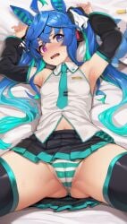 1girls ai_generated animal_ears armpits bed canine_teeth different_eye_color female female_only hatsune_miku_(cosplay) horse_girl multicolored_hair odd_eyes striped_panties twin_turbo_(umamusume) umamusume umamusume_pretty_derby