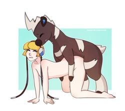 1boy 1girls blitzle elesa_(pokemon) equine female feral flat_chest furry hooves human interspecies male merunyaa nintendo nude pokemon pokemon_bw pokephilia sex small_breasts straight text thick_thighs url watermark wide_hips zebra zoophilia