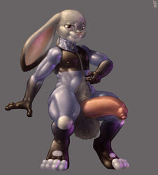 anthro balls big_balls big_penis clothing disney fur furry furry_only glistening hi_res humanoid_penis judy_hopps lagomorph leporid male male_only mammal mot penis rabbit rubber rule_63 solo zootopia