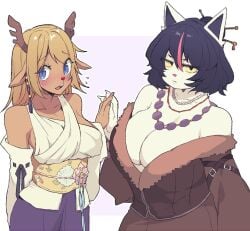 2girls accessory alternative_fashion anthro antlers asian_clothing bare beaded_jewelry beaded_necklace beads belt belt_accessory big_breasts biped black_hair blonde_hair blue_eyes blush border bottomwear breasts brown_clothing buckteeth catgirl catti_(deltarune) cleavage clothed clothing coat collarbone cosplay costume crossover crossover_cosplay curvy_figure deer deer_girl deltarune domestic_cat dress duo ear_accessory ear_piercing east_asian_clothing eyebrow_through_hair eyebrows eyelashes eyeliner eyes eyeshadow felid feline felis female female/female final_fantasy final_fantasy_x fingernails floral_pattern freckles frown fully_clothed fur fur_trim_(clothing) furry furry_female gem goth hair hair_accessory hair_bun hair_sticks half-closed_eyes hand_behind_back hand_holding highlights_(coloring) horn huge_breasts jewelry kemono large_breasts long looking_at_viewer lulu_(final_fantasy) lulu_(final_fantasy)_(cosplay) makeup mammal midriff multicolored_clothing nails narrowed_eyes necklace new_world_deer noelle_holiday off_shoulder only_female open_mouth pearl_(gem) piercing pink_background purple_bottomwear purple_clothing purple_skirt red_nose reindeer ribbons short_hair shoulders simple_background skirt sleeves slightly_chubby square_enix ss_komu sskomu_(artist) symmetry tan_body tan_fur teeth through tongue topwear translucent translucent_hair two_tone_clothing undertale_(series) waist_accessory white_body white_border white_clothing white_fur yellow_sclera yuna yuna_(cosplay) yuna_(final_fantasy_x)