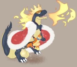 absurd_res balls belly_riding big_balls big_penis bodily_fluids bondage bound buizel cape clothing crown duo extreme_size_difference feral fossil_pokemon generation_4_pokemon generation_6_pokemon genitals harness headgear hi_res male male/male musk nintendo notsafecat penetration penis pokemon pokemon_(species) royalty simple_background size_difference soggy_(soggybuizel) stomach_bulge sweat tyrantrum