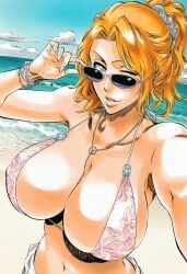 1girls accurate_art_style accurate_body_type adjusting_eyewear adjusting_sunglasses ai_generated armpits bangle bare_arms bare_midriff bare_shoulders beach belly_button between_breasts big_breasts bikini bikini_top_only bleach blue_eyes bracelet breast_focus breasts breasts_bigger_than_head busty chain_necklace chains clavicle cleavage clothing cloud collarbone cowboy_shot curvaceous curvy day digital_media_(artwork) eyewear fanart female female_focus female_only fingernails floral_print hair_ornament hair_scrunchie halterneck high_ponytail highres huge_breasts jewelry large_breasts light-skinned_female light_skin looking_at_viewer looking_over_eyewear looking_over_sunglasses matsumoto_rangiku mole mole_under_mouth navel necklace ocean one-piece_swimsuit one_eye_closed orange_hair outdoors parted_lips pink_bikini ponytail print_bikini reaching reaching_out sand scrunchie shiny_hair shiny_skin sky smile solo solo_female solo_focus standing sunglasses swimsuit tinted_eyewear tite_kubo_style upper_body voluptuous ㅇㅇ
