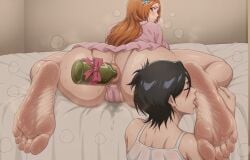 2girls ai_generated anal anal_access anal_insertion anal_object_insertion anal_only anal_only_panties anus backless_panties bleach bleach:_the_thousand-year_blood_war blush bottle_in_ass bottle_insertion breasts ca1nhurst feet female female_only foot_fetish foot_focus inoue_orihime kuchiki_rukia large_breasts licking_feet long_hair looking_back nervous short_hair sitting_on_bed soles sweat sweatdrop sweaty_feet thick_thighs toes wide_hips yuri