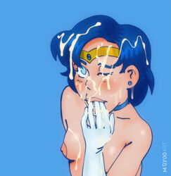 ami_mizuno bishoujo_senshi_sailor_moon bukkake cum cum_in_mouth cum_on_closed_eye cum_on_face facial finger_in_mouth flat_chest gloves looking_at_viewer mayoo portrait sailor_mercury