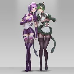 2girls au_ra blue_eyes boots bra_lift bra_pull final_fantasy final_fantasy_xiv green_eyes green_hair green_lipstick heterochromia high_resolution highres l'cielle_lhas(ci) large_breasts lingerie lipstick maid maid_uniform miqo'te multiple_girls panties pantyhose pink_hair red_lipstick shirt_lift shirt_pull sin_faye stockings tail tattoo xaela