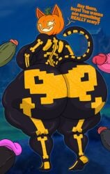 anthro asking asking_another ass ass_focus big_breasts big_butt biped breasts clothing dialogue domestic_cat english_text epic_games felid feline felis female for_a_head fortnite genitals group halloween hi_res holidays huge_butt looking_back male mammal object_head penis pumpkin_head rear_view skinsuit solo_focus spice_(fortnite) sprigatitoartz standing tail talking_to_another text tight_clothing