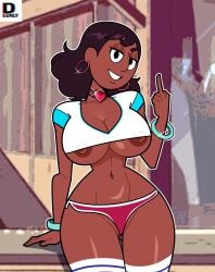 aged_up aged_up_character areolae big_breasts booty_shorts breasts choker cleavage connie_maheswaran curvaceous curvy curvy_body curvy_figure curvy_hips curvy_thighs dark-skinned_female deemlyart female flipping_off looking_at_viewer nipples provocative revealing_clothes steven_universe stockings teasing teasing_viewer tonge_out