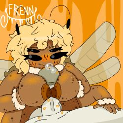 4_arms 4_eyes antennae_(anatomy) artist_signature artist_upload bee bee_girl besweppa_(original_character) blonde_hair blush chubby freckles frenn_(artist) fur holding_breast holding_leg lipstick lipstick_mark lipstick_on_penis nipples_touching original original_character paizuri precum precum_bubble self_upload simple_artstyle simple_background smiling tan_skin wings
