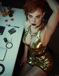 1girls ai_assisted aurore_cassel cd_projekt_red cyberpunk_2077 cyberpunk_2077:_phantom_liberty dark_lipstick female female_only ginger golden_dress indoors looking_at_viewer makeup redhead redhead_female short_hair shtorm2005 tagme
