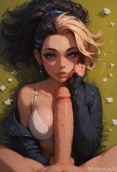 ai_generated akali before_oral before_paizuri big_penis blue_eyes bralette breasts cleavage earrings female jacket k/da_akali k/da_all_out_akali k/da_all_out_series k/da_series league_of_legends looking_at_viewer mobolusai multicolored_hair on_back penis penis_comparison pov white_bra