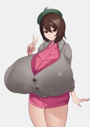 1girls alternate_breast_size bluespice breast_expansion breasts brown_eyes brown_hair busty clothed eye_contact eyelashes female female_only gloria_(pokemon) half-closed_eyes hat huge_breasts human hyper hyper_breasts looking_at_viewer nintendo pokemon pokemon_ss shirt short_hair skirt smile solo thick_thighs v white_background wide_hips