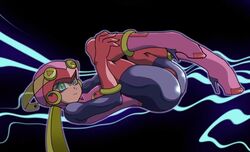 akimon ass black_background blonde_hair capcom curvy evil_empress_roll helmet high_heels looking_at_viewer lying_down lying_on_back mega_man mega_man_battle_network posing robot roll.exe solo